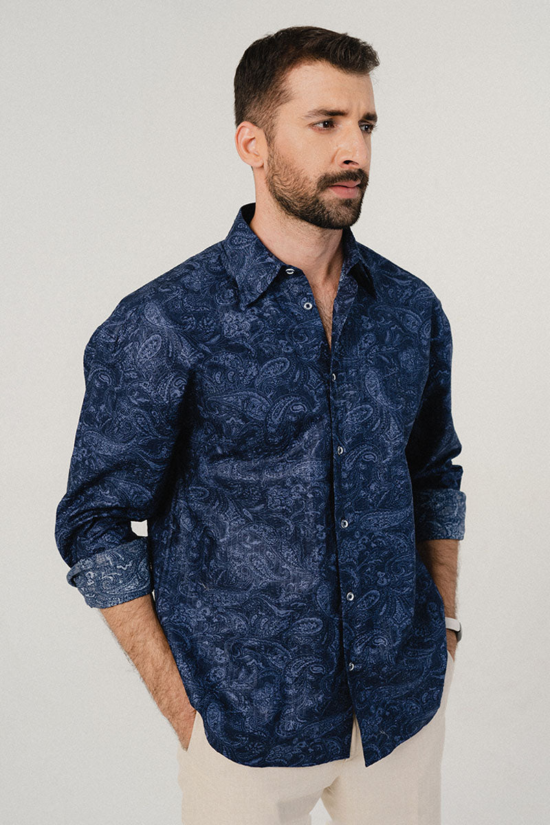 BLUE SELF TEXTURED PRINTED SHIRT