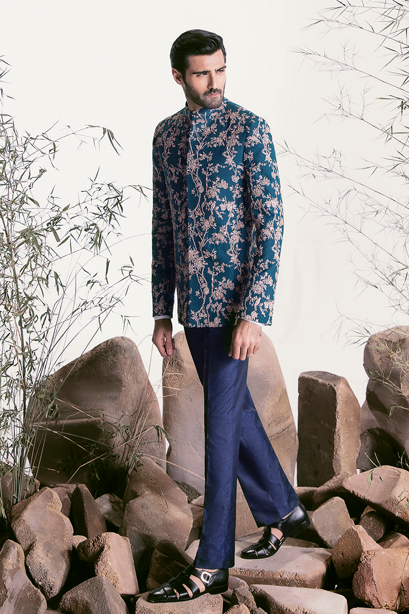TEAL EMBROIDERED BLUE PRINCE COAT