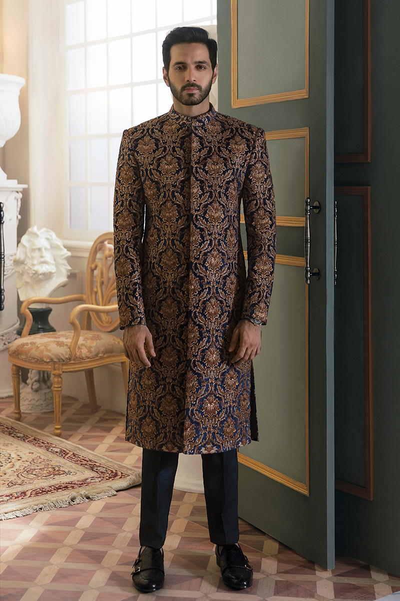 BLUE DAMASK EMBELLISHED SHERWANI