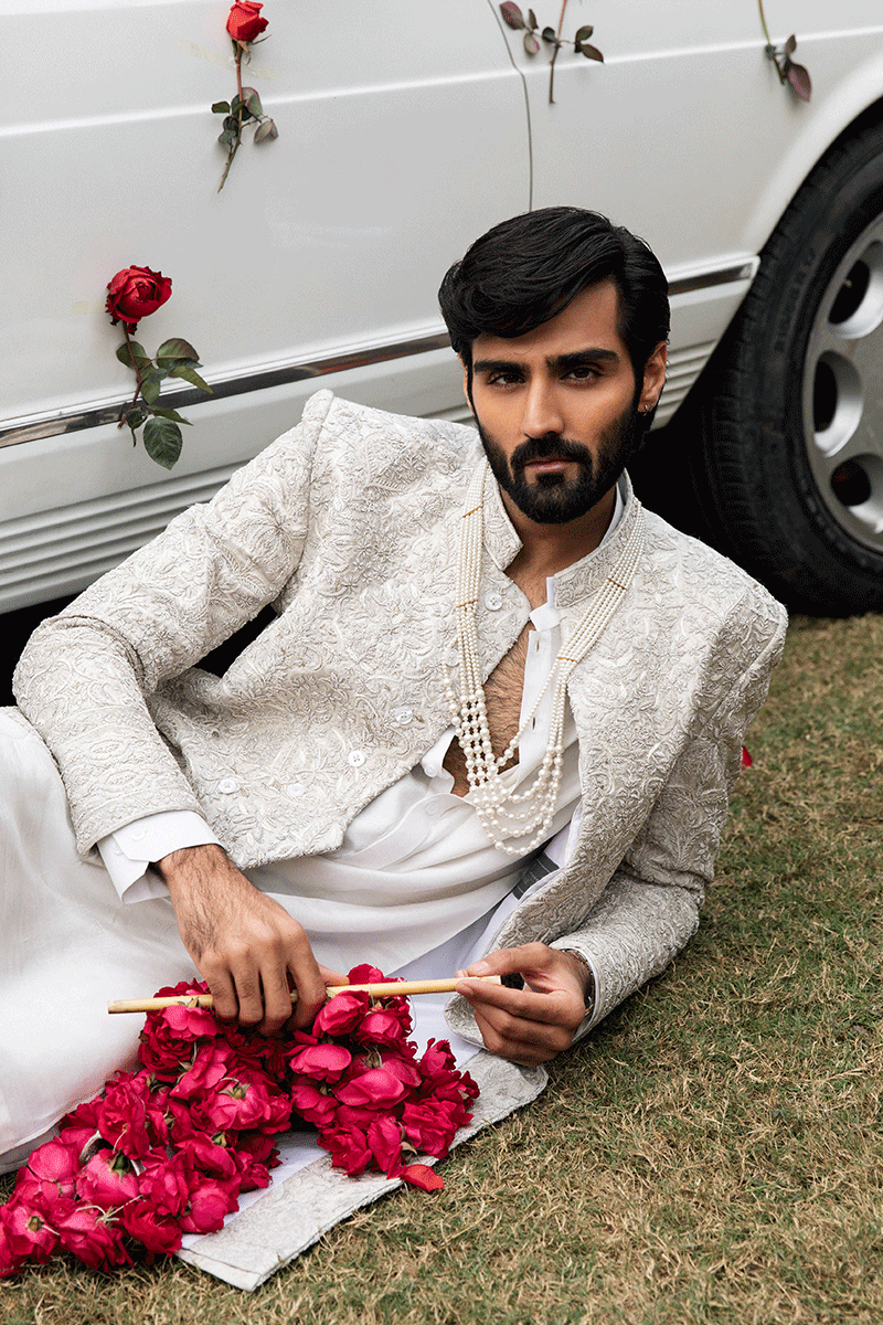 IVORY WHITE SELF JAMAWAR SHERWANI
