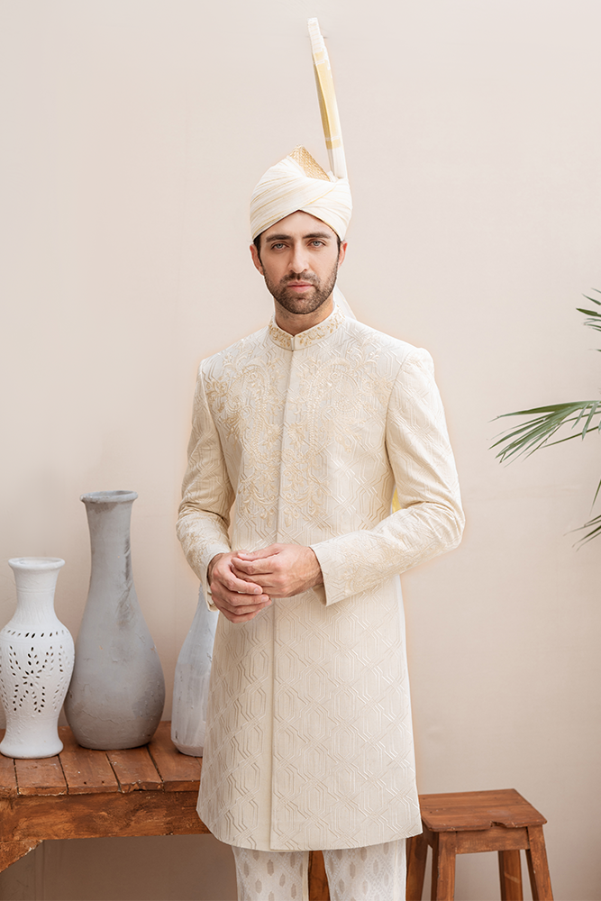 OFF WHITE FLORAL SHERWANI