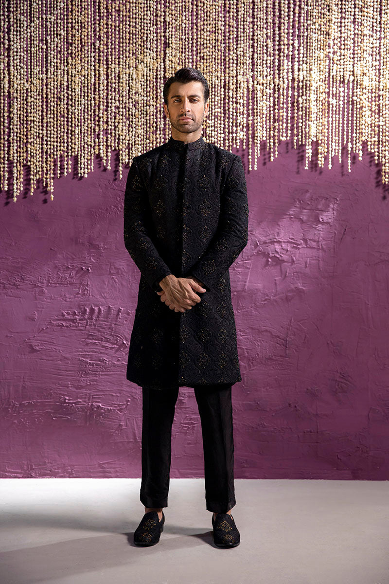 BLACK FLORAL SHERWANI