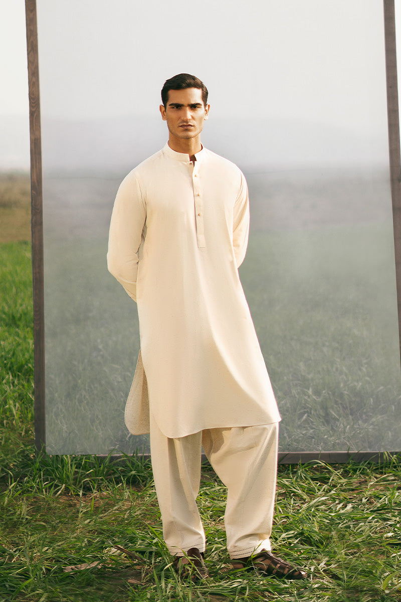 Elegant shalwar kameez design for men in premium boski fabric, perfect for formal occasions.