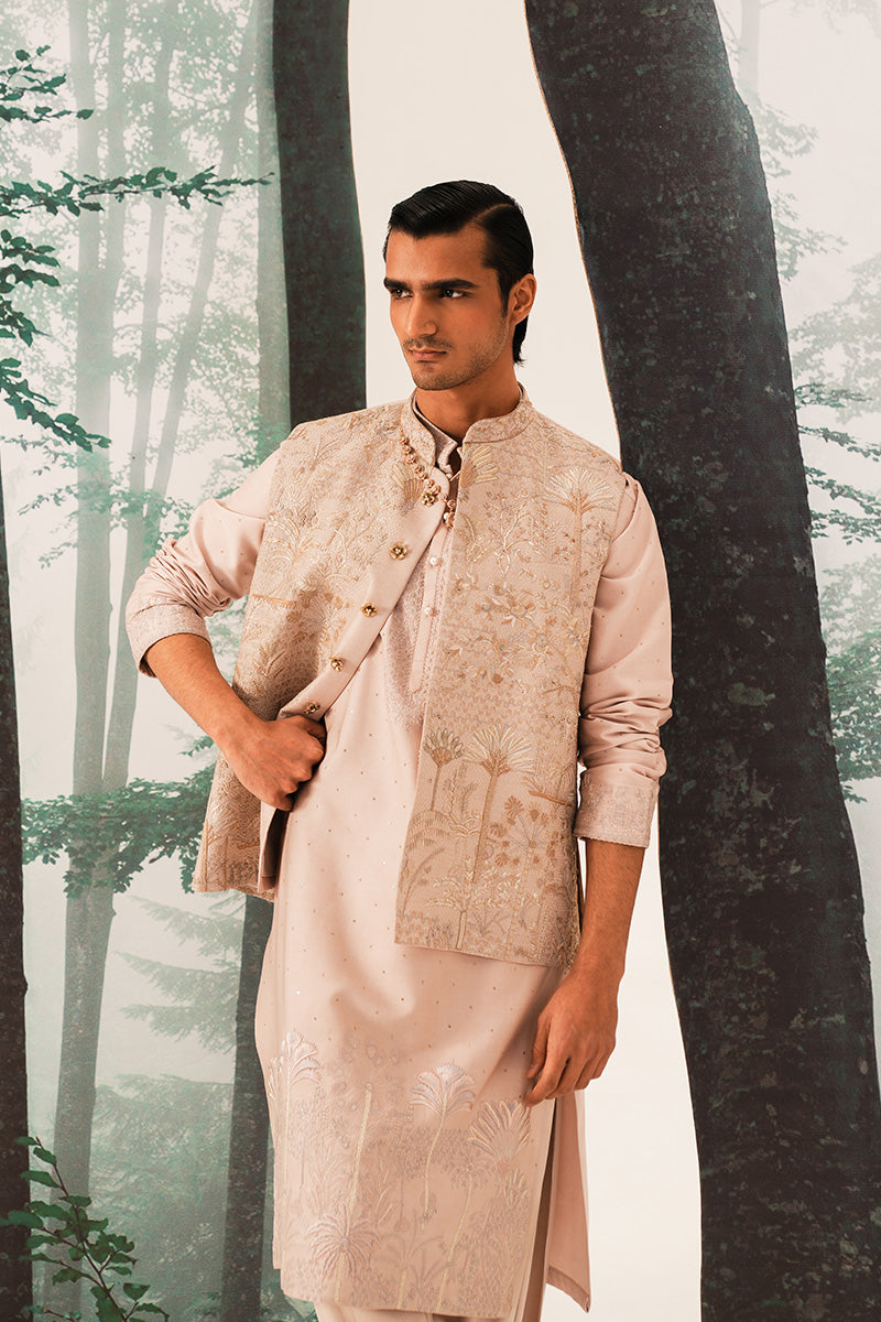 'FARZAM' HAND EMBROIDERED CORAL PINK WAISTCOAT