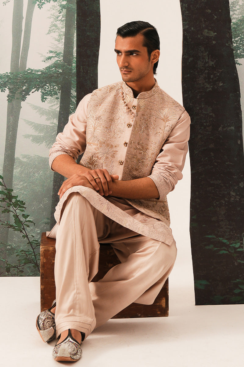 'FARZAM' HAND EMBROIDERED CORAL PINK WAISTCOAT