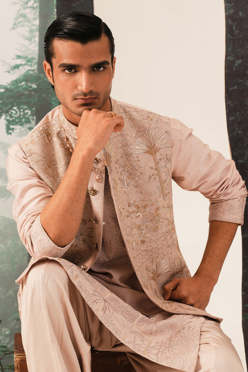 'FARZAM' HAND EMBROIDERED CORAL PINK WAISTCOAT
