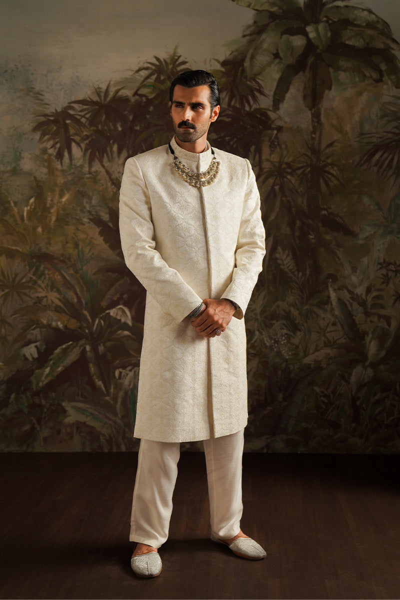 Ivory white jacquard sherwani for groom