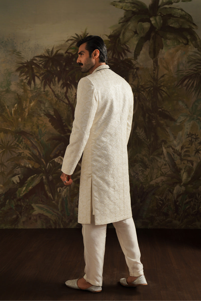 Ivory white jacquard sherwani for groom