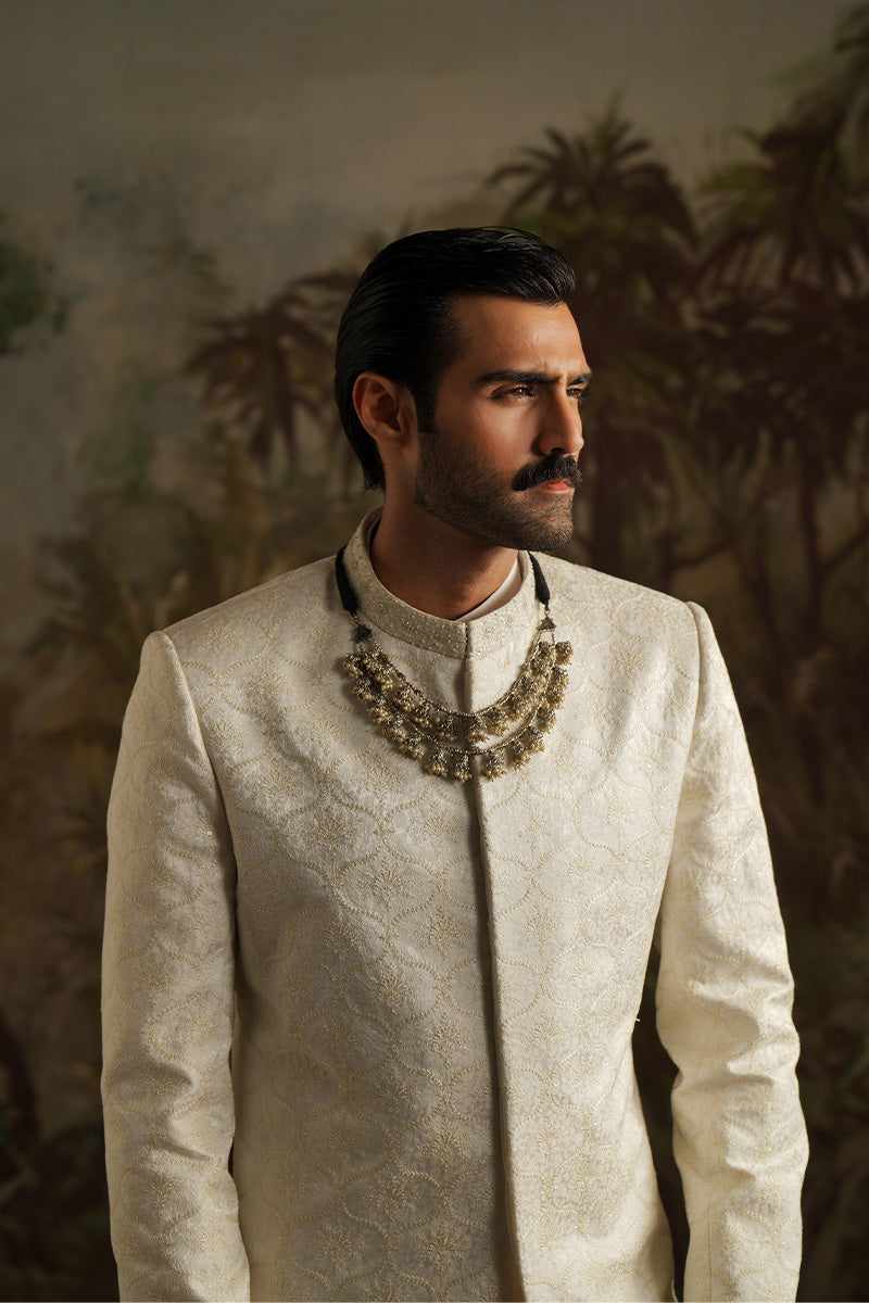 Ivory white jacquard sherwani for groom