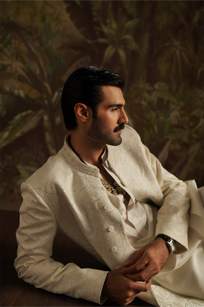 Ivory white jacquard sherwani for groom