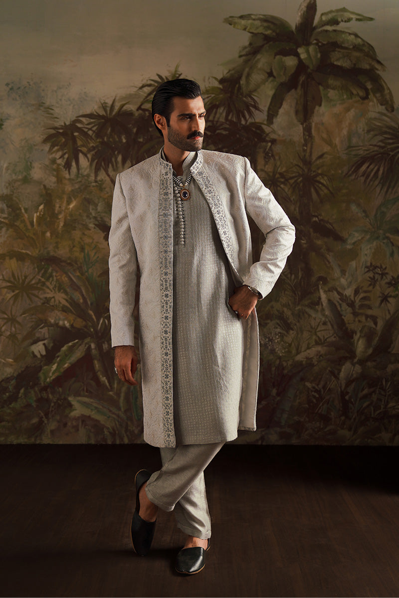 "Alyan" Ice Grey Embroidered Sherwani