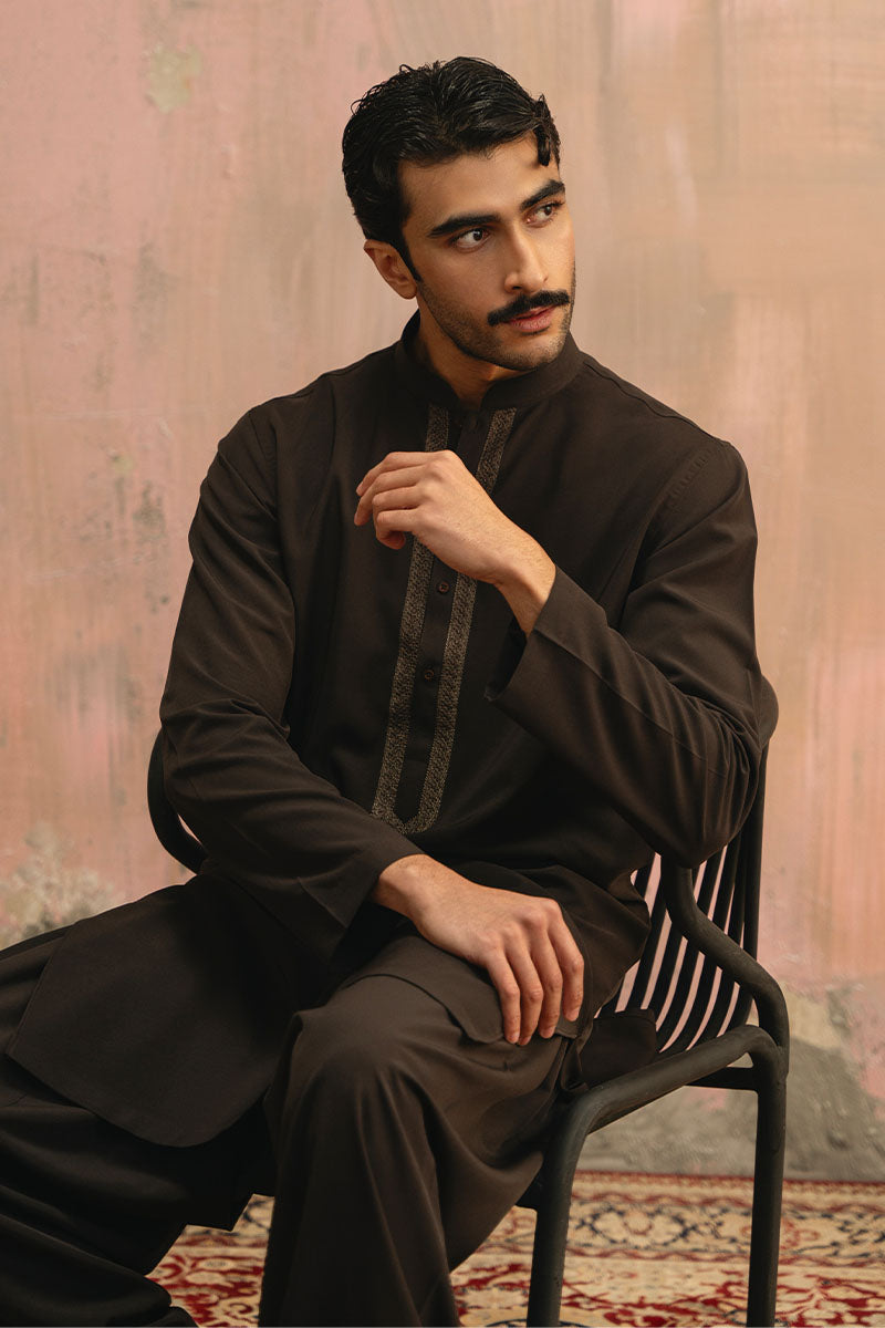 Dark Brown Embroidered Kurta Shalwar