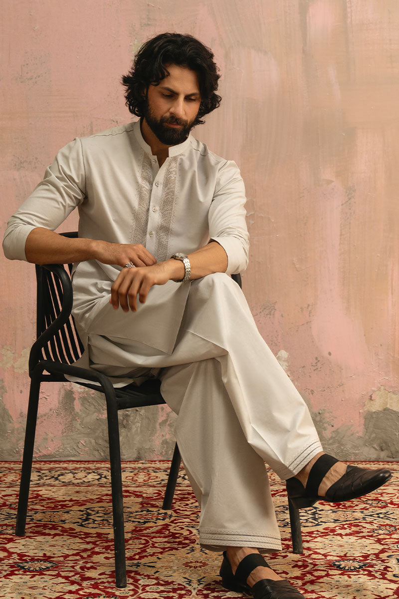 Ice Grey Hand Embroidered Kurta Shalwar