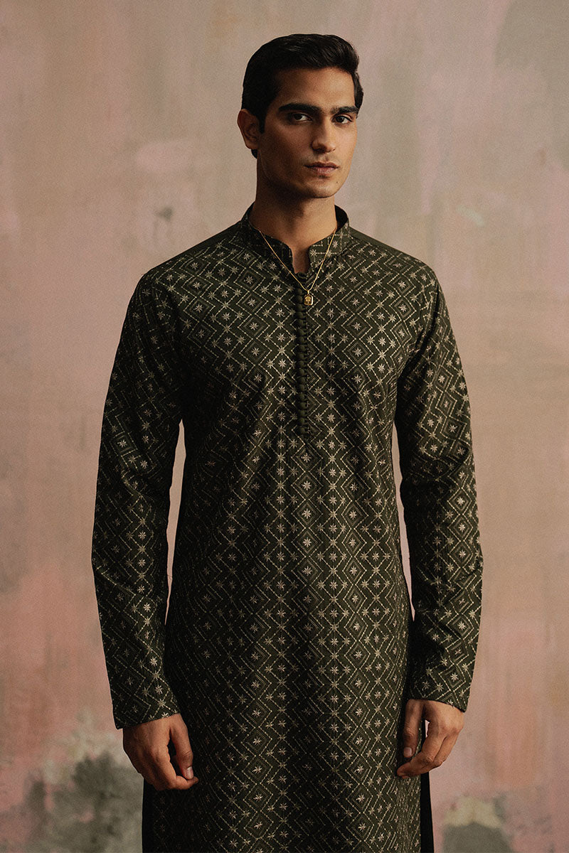 Olive Green Embroidered Kurta Shalwar