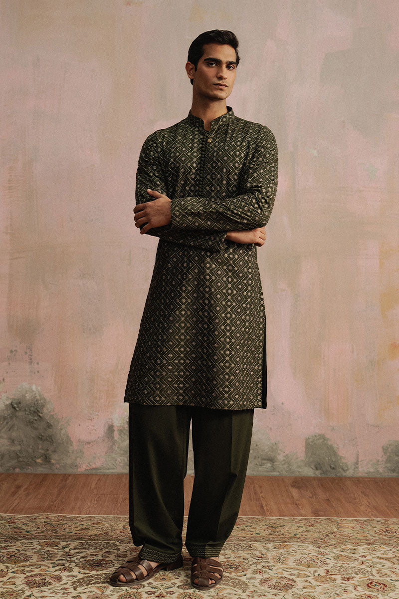 Olive Green Embroidered Kurta Shalwar