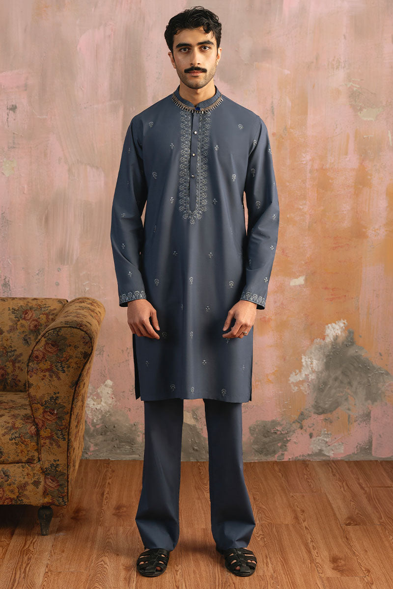 Grey Blue Embroidered Kurta Pajama