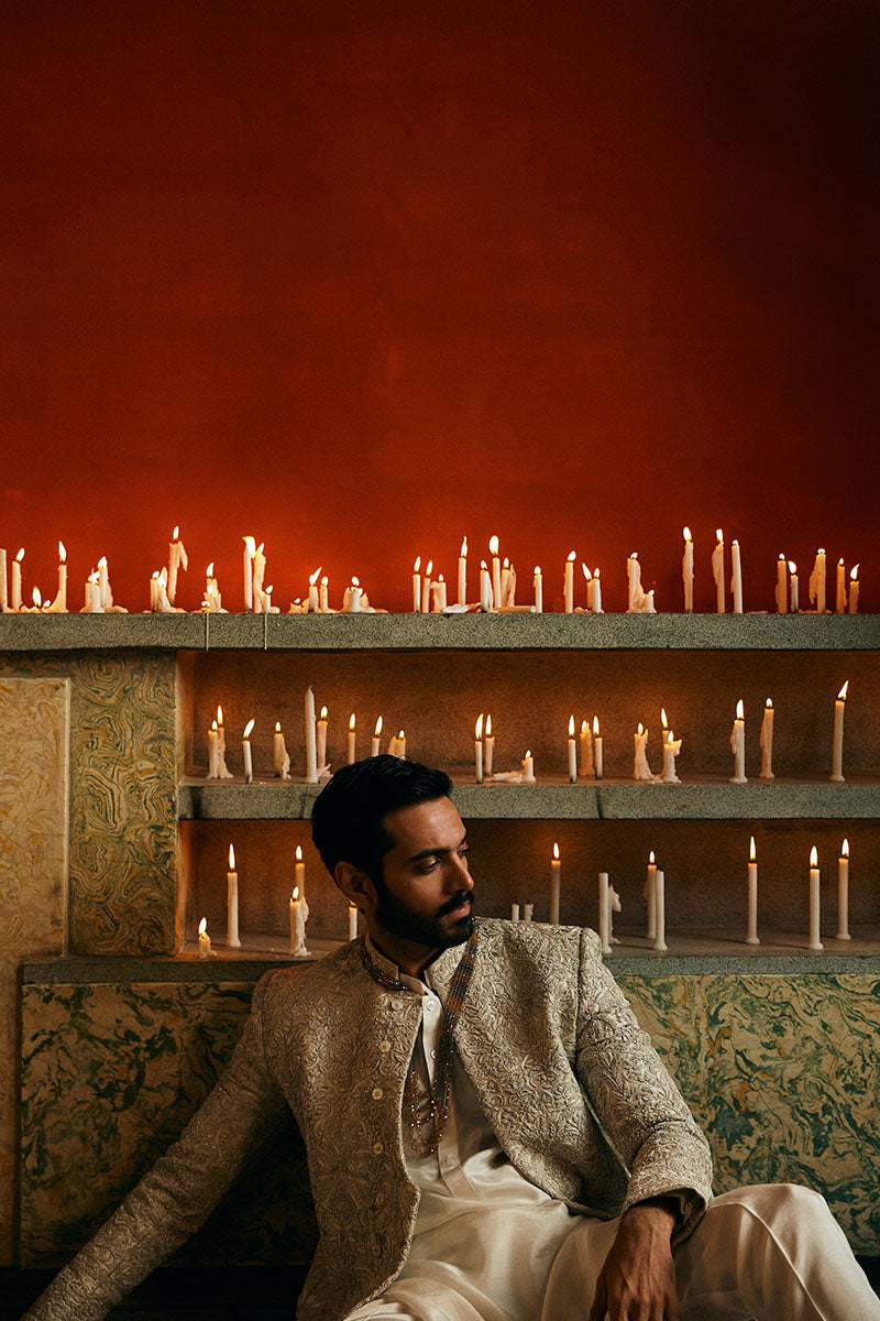 IVORY WHITE SELF JAMAWAR SHERWANI