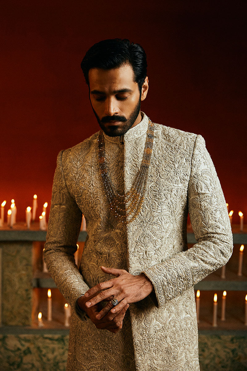 IVORY WHITE SELF JAMAWAR SHERWANI