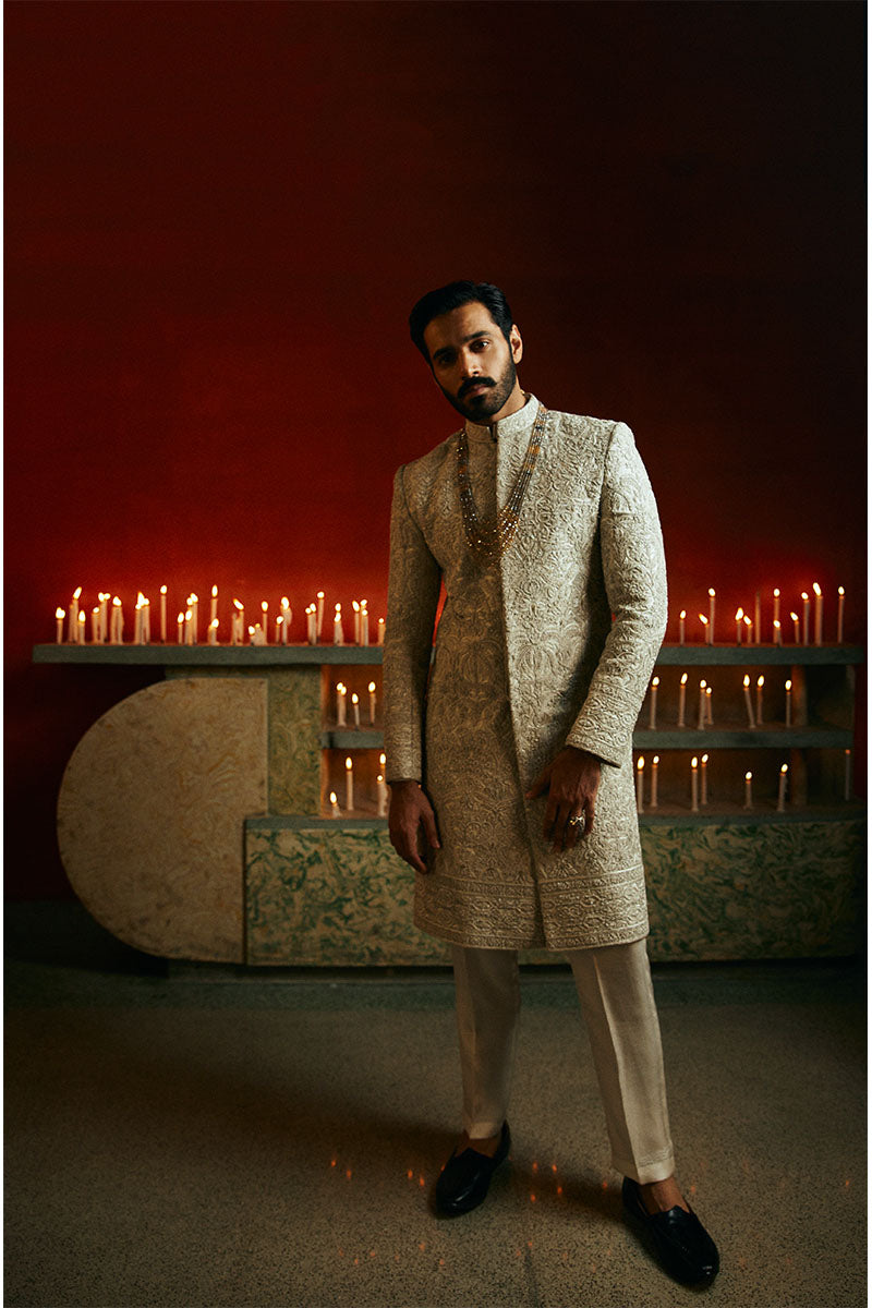 IVORY WHITE SELF JAMAWAR SHERWANI