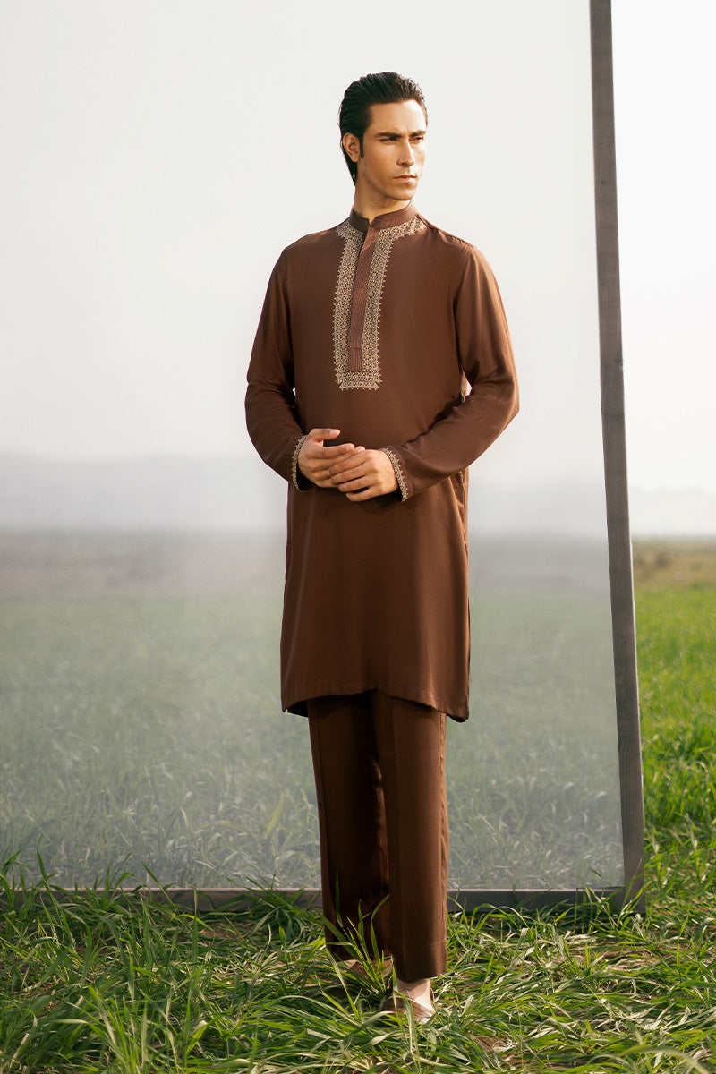 Brown designer kurta pajama for men, showcasing a classic kurta design with intricate detailing, ideal for weddings and festive wear.